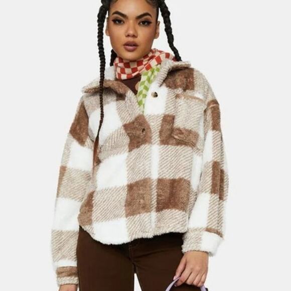 Le Lis Fuzzy Shacket Sweater Coat Cozycore Boho Aesthetic Brown/White Check Sz L - Picture 1 of 10